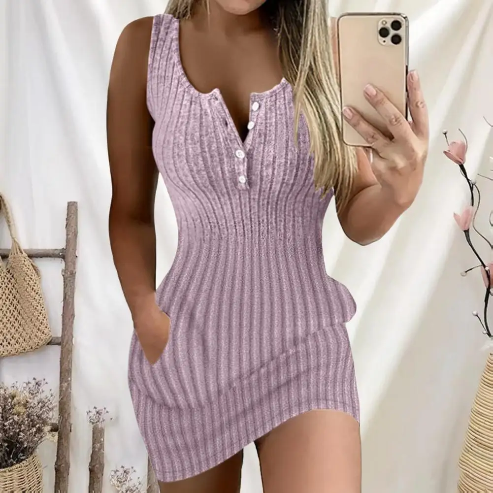 

Slim Fit Dress Stylish Sleeveless V Neck Sundress with Side Pockets Women's Mini Dress in Solid Color Buttoned for A for Casual