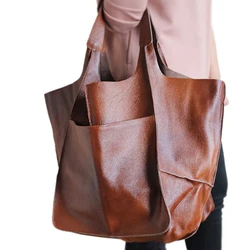 Casual Soft Large Capacity Tote Women Handbags Designer Aged Metal Look Luxury Pu Leather Shoulder Bag Retro Big Shopper Purses