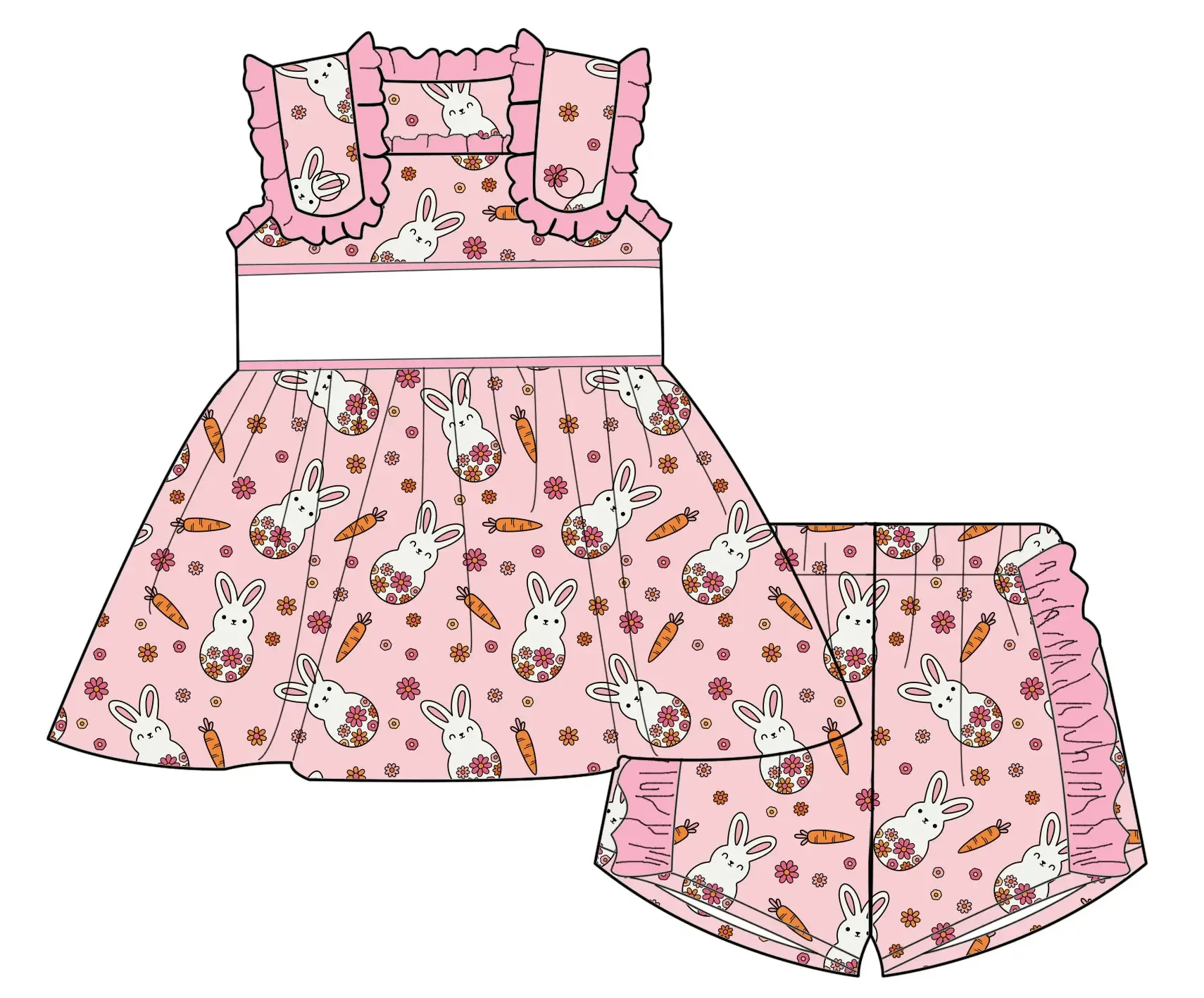 Pink Floral Bunny Carrot Print Easter Girl Outfit Short-Sleeved Sibling Set Cute Spring Children's Clothing