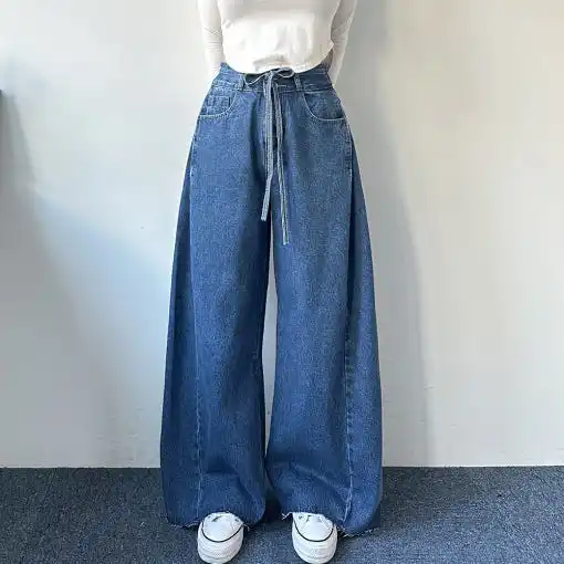 

Fashionable Washed Loose Straight Leg Jeans High Waist Casual Style Belted Crease Lines Cotton 100% Women's Premium Denim