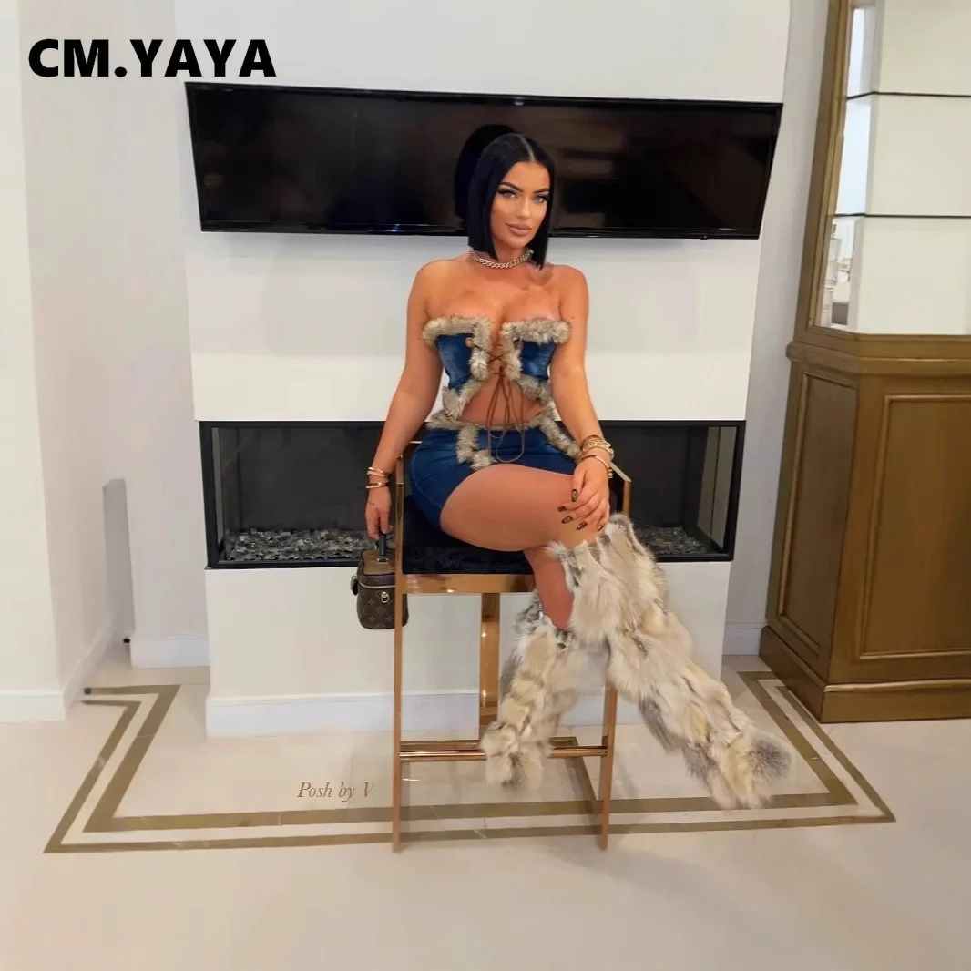 CM.YAYA Fur Denim Women's Set Sleeveless strapless top +Mini Skirts Suit Streetwear 2025 Cargo Sexy Two 2 Piece Sets Outfits