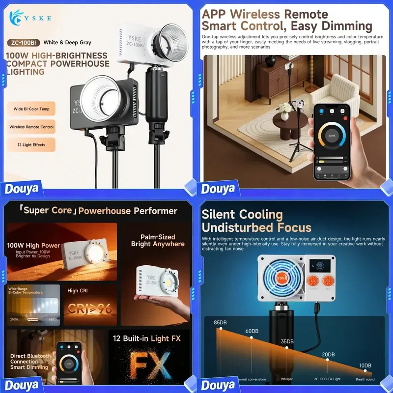 YSKE ZC 100W LED Mini Portable Fill Light Remote Control AC/DC Power Aluminum Alloy 2700-6500K CRI 96 Supports OEM