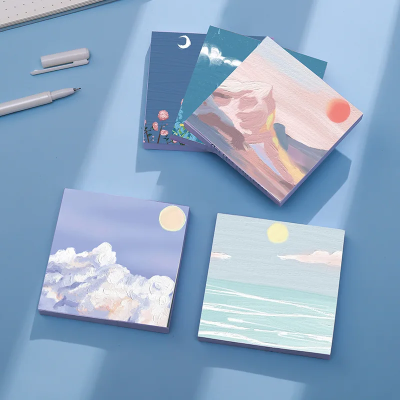 900 Sheets Memo Pad Sticky Notes Oil Painting Beatiful Scenery Posits Stationery Set 70x70mm