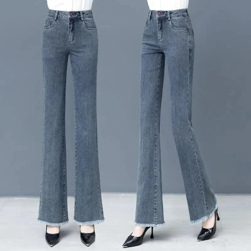 

Jeans Women 2023 Spring Autumn New Fashion Loose Raw Edge Straight Leg Pants Female High Waist Large Size Thin Flared Trousers