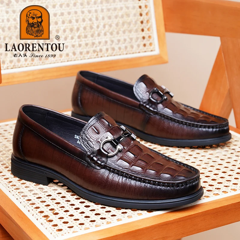 LAORENTOU crocodile patterned bean shoes, breathable business casual leather shoes, men's leather lazy loafers 20617