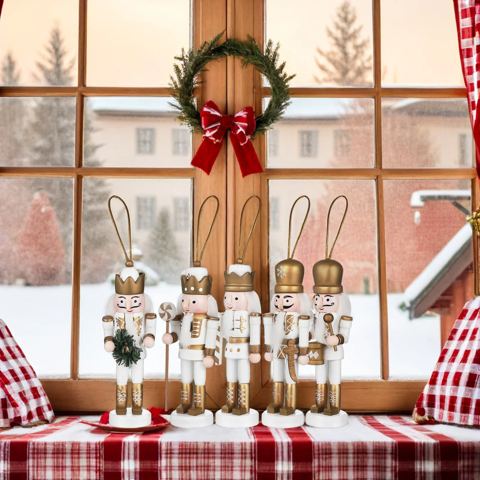 

5 pcs Christmas Nutcracker Ornaments Wooden Nutcracker Figures Cute Holiday Decor Statue Festival Indoor Decoration Table