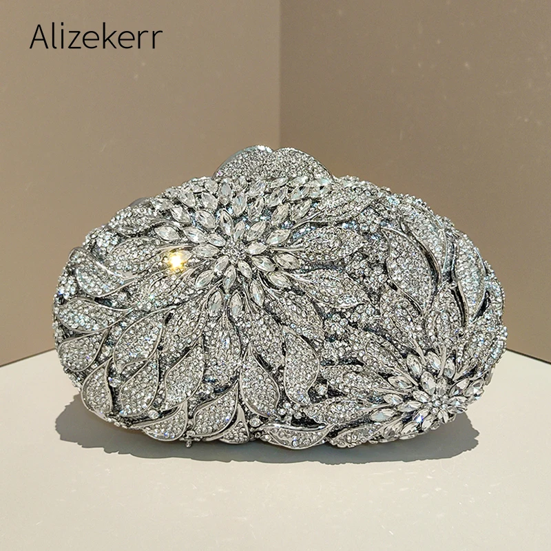 

Alizekerr овальные вечерние сумки с кристаллами, женские великолепные бутиковые блестящие металлические клатчи с бриллиантами и цветами, кошельки и сумки для свадебной вечеринки