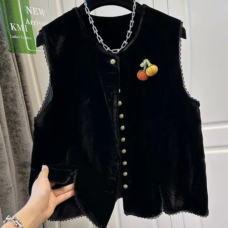 

Большой размер, 300 Pou, бархатный жилет с кружевной отделкой, для ранней осени, повседневный, универсальный, в американском стиле, с круглым вырезом