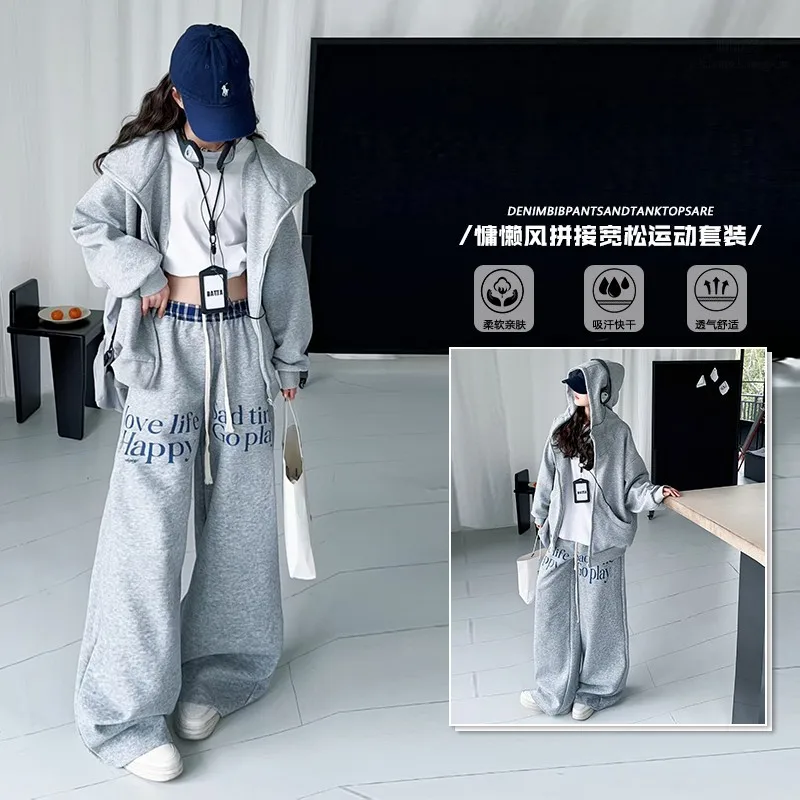 

Осенний стиль, повседневная толстовка с капюшоном + широкие брюки, комплект из 2 предметов, костюм для маленьких детей, детская одежда, комплект спортивной одежды с алфавитом для девочек