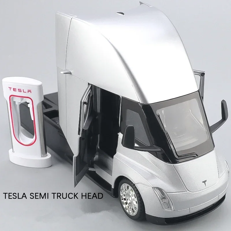 1/24 Teslas SEMI Alloy Electric Semi Trailer Truck Head Car Model Metal Truck Transport Vehicles Car Model Sound Light Kids Gift