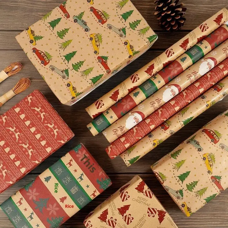 1 لفة من ورق تغليف عيد الميلاد - تصميم غزال لطيف، المخططين والأكواب، مناسبة للهدايا، هدايا مصنوعة يدويًا، تغليف الهدايا #5