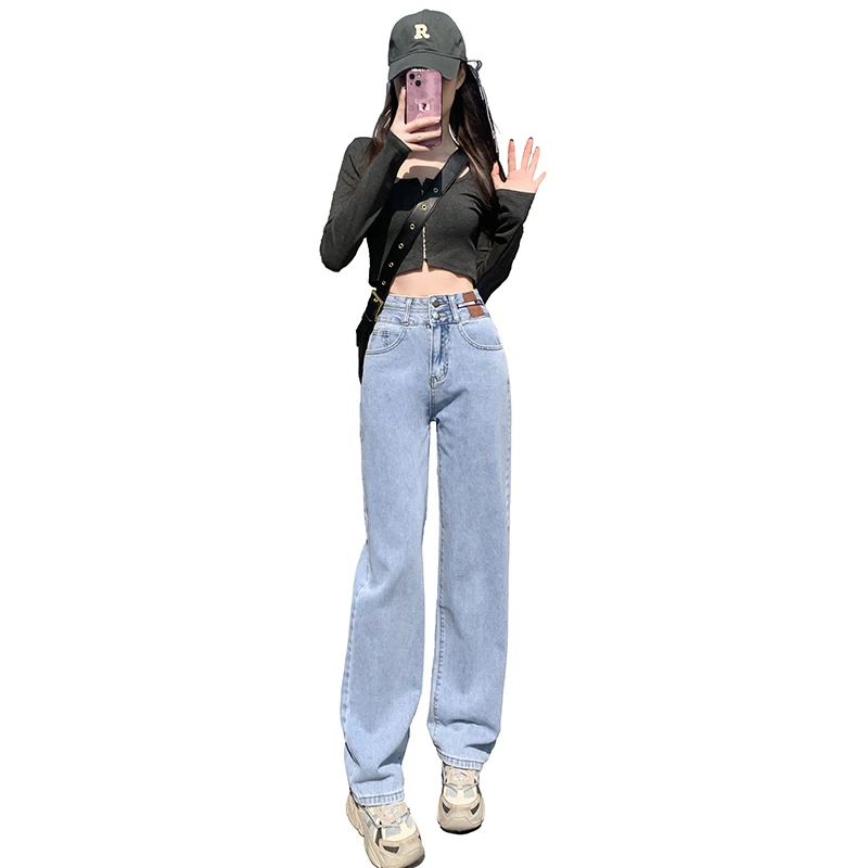 Retro até o chão perna reta duplo breasted jeans para mulher 2025 outono nova cintura alta emagrecimento solto calças de perna larga para wom