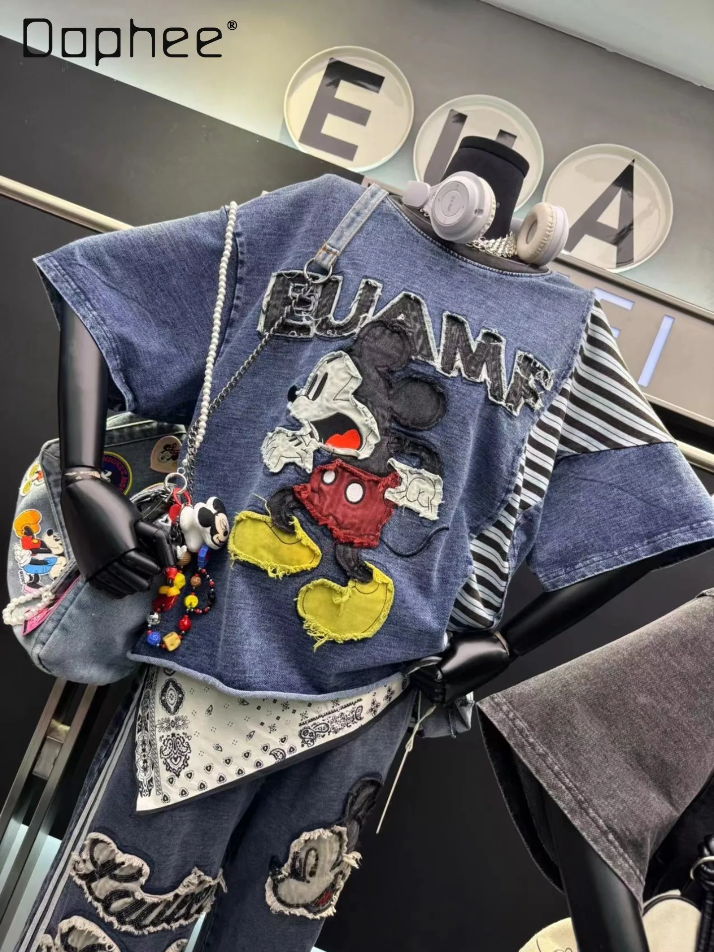 

2026 Spring Summer New Half Sleeve T-shirt Premium Color Block Patchwork Cartoon Short-sleeve T-shirt Women's Loose Fit Top