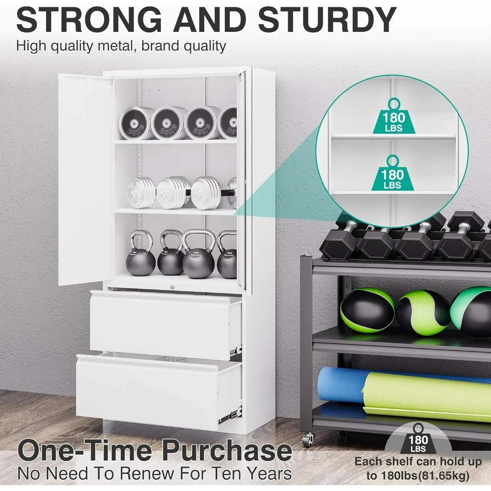 Locking White 2-Drawer Lateral Filing Cabinet with Shelf, Secure Metal Storage for Office Documents