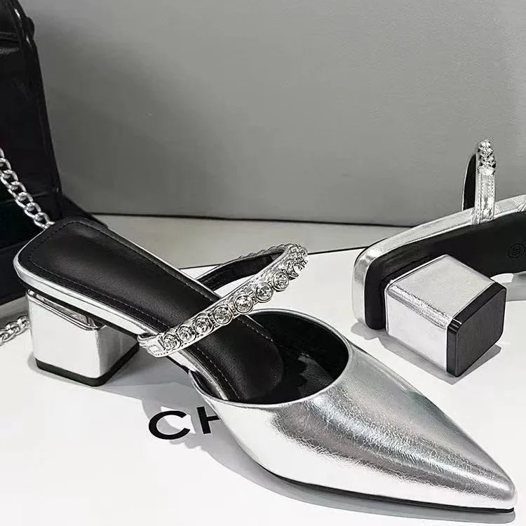 Nuevo Pantoufles De Luxe Noires À Talons Hauts Pour Femme, Mules De Styliste À Enfiler, Mocassins De Soirée, Été 2025
