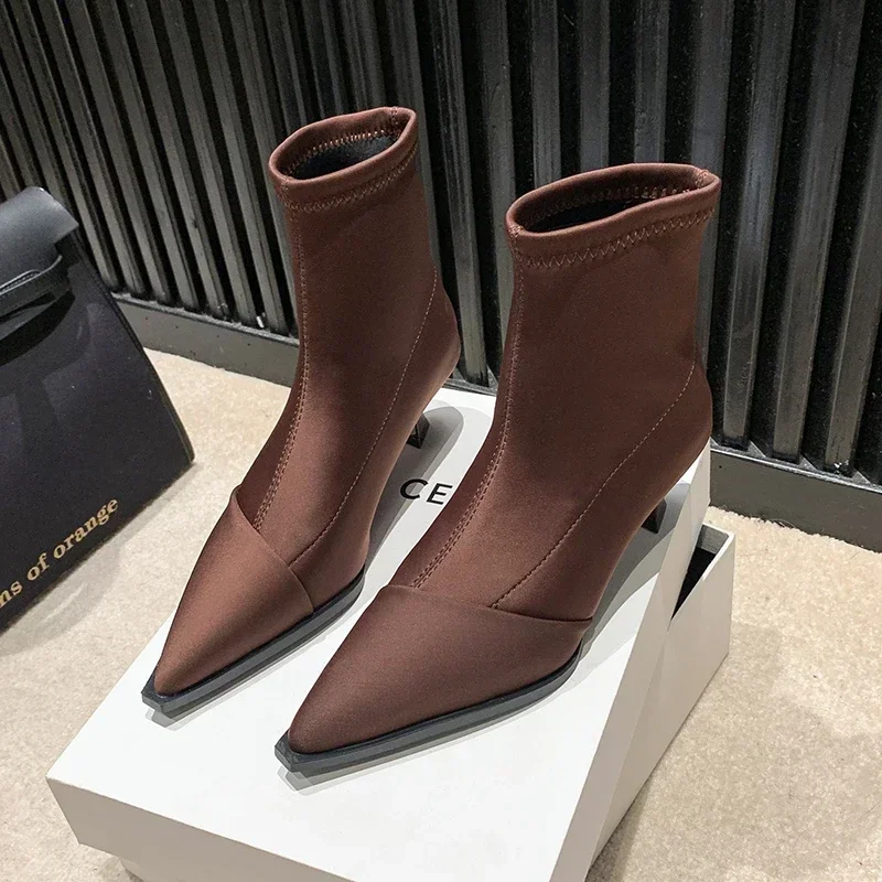 Novo cetim apontou toe botas curtas mulheres salto fino estiramento meias botas elegantes senhoras moda salto alto bombas femininas botas de tornozelo