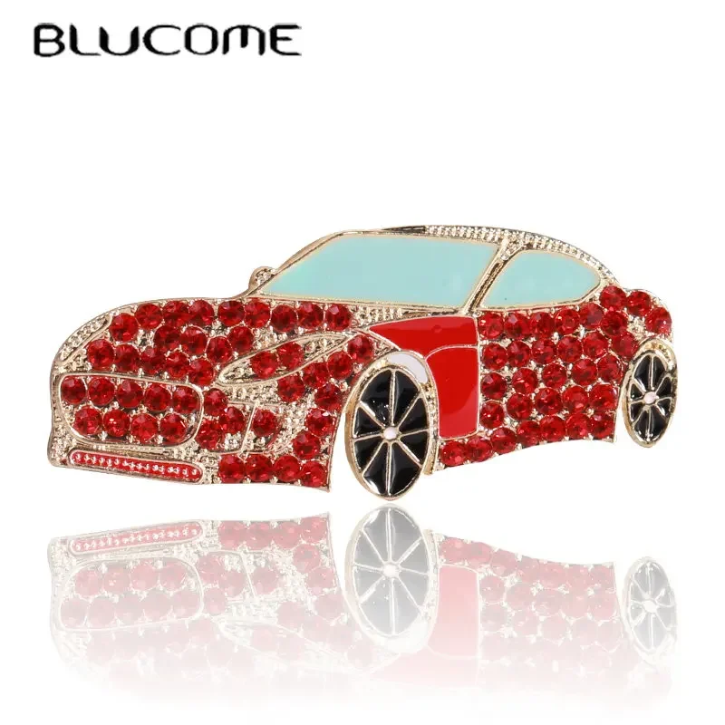 

Blucome Red Car Brooches Collar Suit Lapel Pins Full Rhinestones Wedding Corsage Pins Jewelry Girls Clip