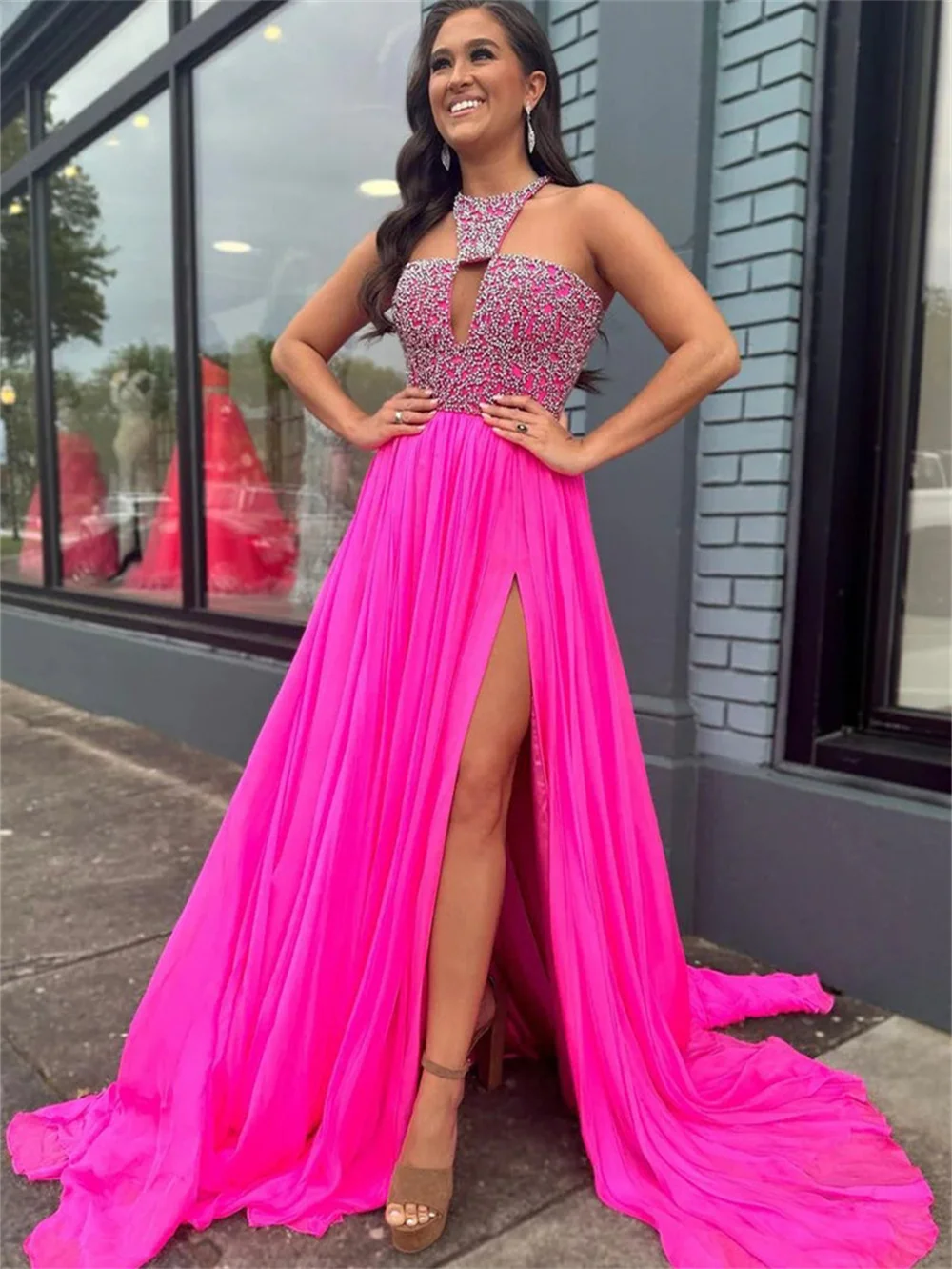 Elegant A Line Round Neck Sequins Evening Gown 2024 Luxurious Sleeveless Beaded Dress Classic Hot Pink Floor Gowns Vestidos De