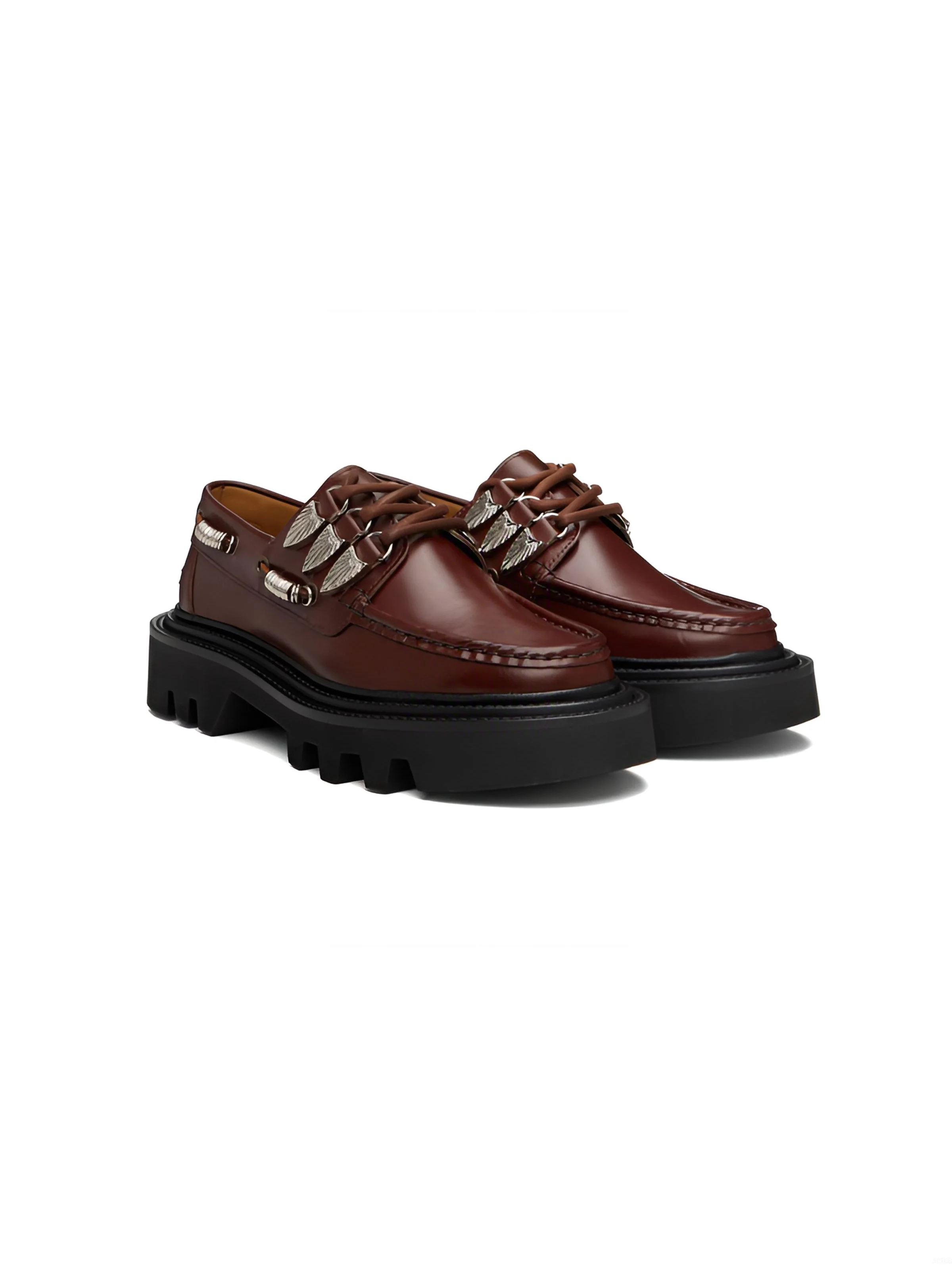 

Men's Brown Leather Lace Up Loafers Fashionable Casual Shoes Unique Metal Decorated Laces Chunky Platform for Comfort Daily Wear