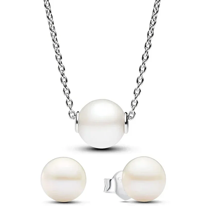 

New 925 silver Cultured Pearl Collier Necklace Earring For Women Jewelry Set Gift