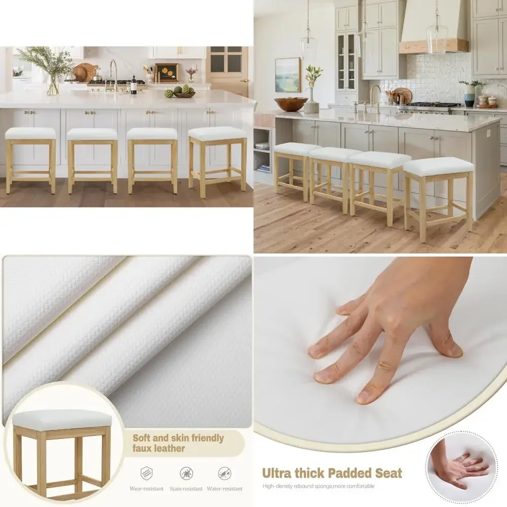 우아한 흰색 바 스툴 4개 세트, 농가 스타일, 모던한 등받이 없는 인조 가죽 시트