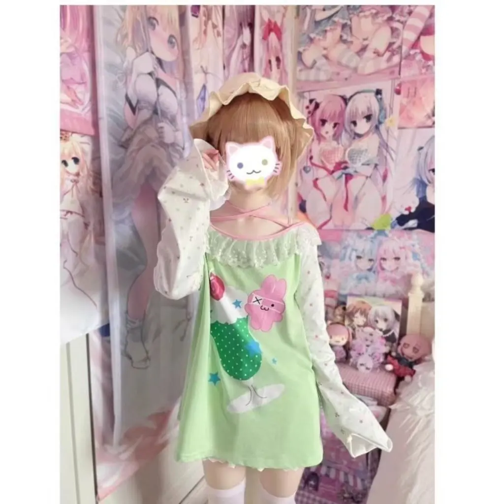 Japanese Sweet Hami Melon Soda Print Long Sleeve T-Shirt Soft Cute Women's Top for Daughters Fashionable Casual Wear