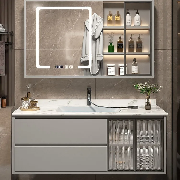 Lavabo di lusso leggero, mobiletto da bagno, combinazione di lastre di roccia, lavabo integrato in ceramica, lavabo per WC color crema