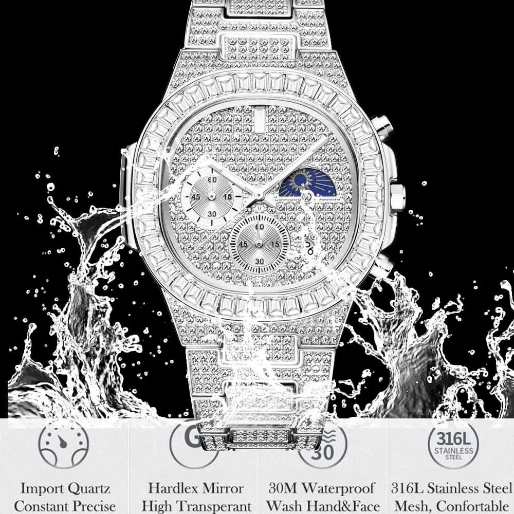 Dropshipping Iced Out Mens Watches Top Brand Luxury Quartz Watch for Men Waterproof Chronograph Hip Hop Full Diamond Male Clock