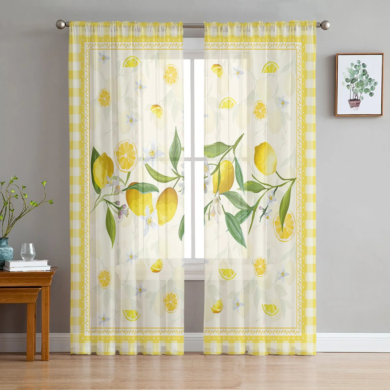 Idyllic Summer Lemon Fruit Plaid Sheer Curtains for Living Room Decoration Window Curtain Kitchen Tulle Voile Organza Drapes