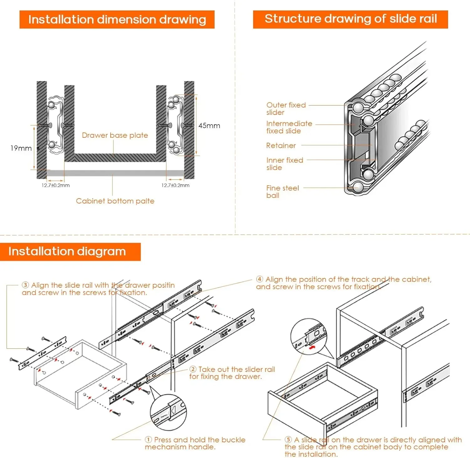 Picture 7: Cold Rolled Steel Hydraulic Damping Silent Three-Section Wardrobe Drawer Slides with Guide Rail Hardware