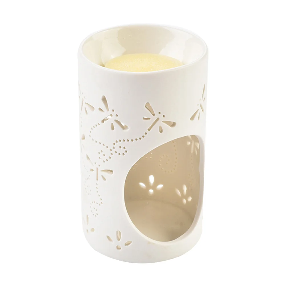 White Ceramic Tea Light Holder with Cut-Out Dragonfly Pattern Fragrance Diffuser Decorative Holder for Porch Patio Indoor