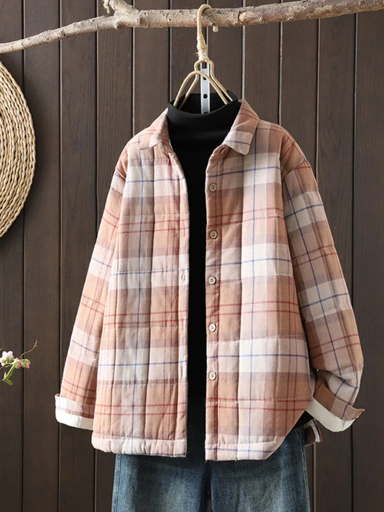 

Retro Plaid Cotton Linen irt Sle Women's Winter Thiened Casual irt Coat Inner Cotton Long Sve Collar