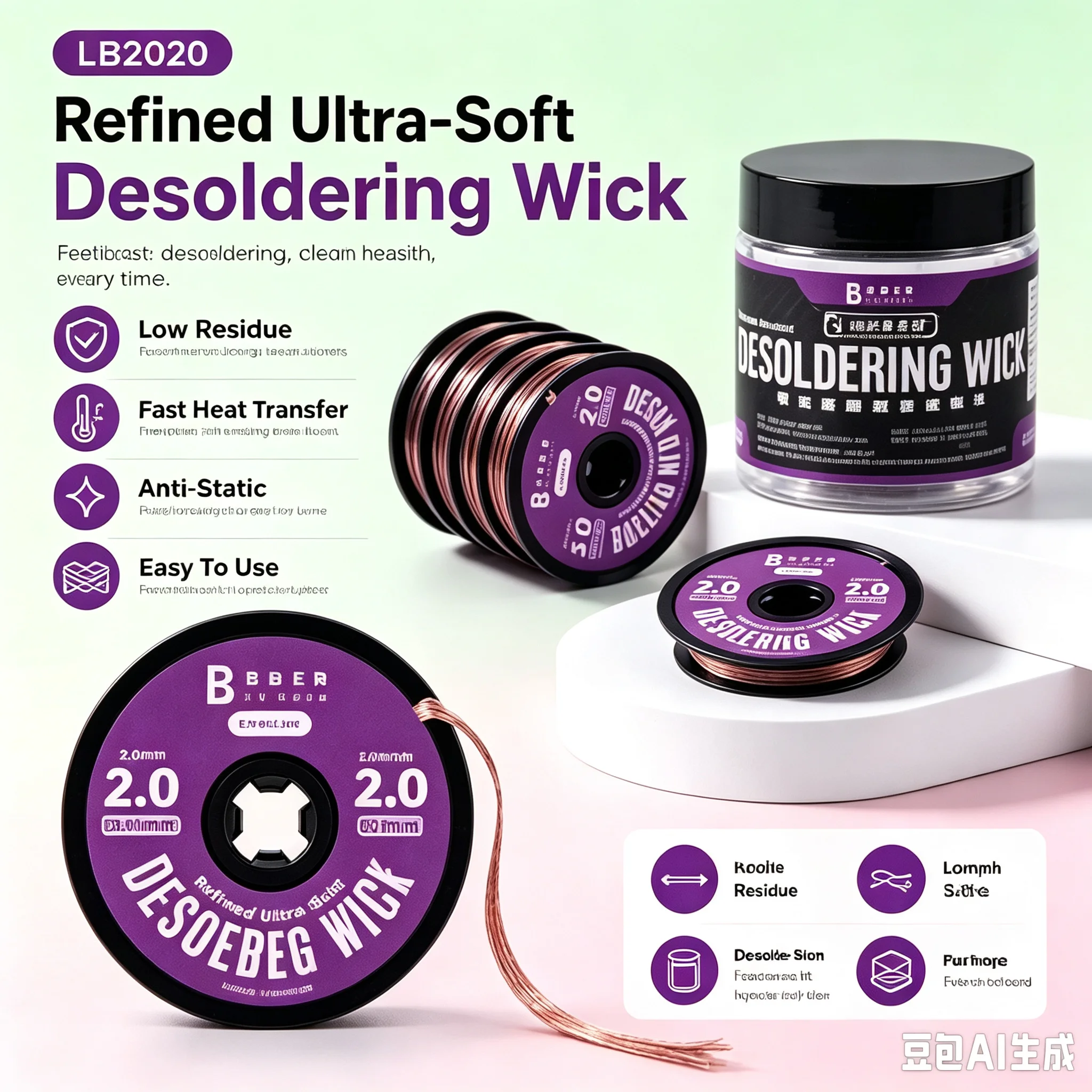 LB TOOL High-Density Ultra-Soft Desoldering Braid (20mm Wide, 20m Long) — Suitable for Mobile Phone PCB Soldering and Repair