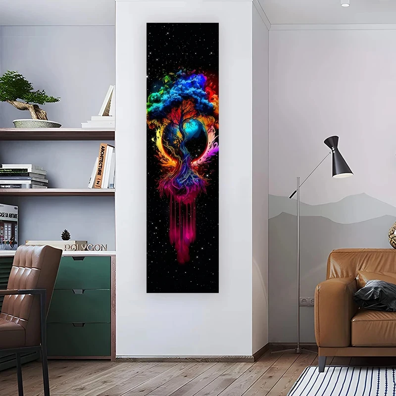 VIKAMA Vertical Tree of Life Tapestry Rainbow Color Galaxy Planet Psychedelic Long Wall Hanging Boho Aisle Decor Cloth