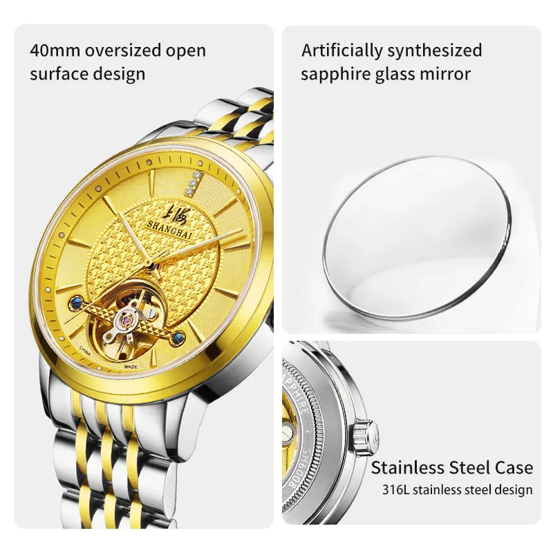 شنغهاي دولاب الموازنة سلسلة ساعة ميكانيكية للرجال الأعمال فستان ساعة الياقوت الزجاج مضيئة الأيدي التقويم عرض SH6008