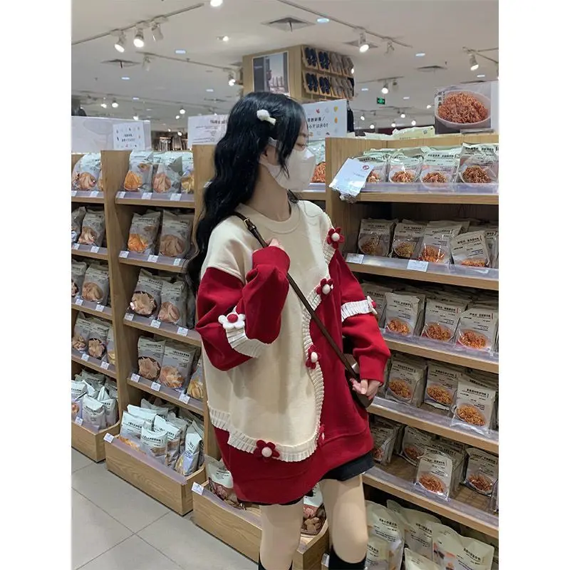 스웨트셔츠 청소년 여성 상의 디스트레스드 슈퍼 라지 캠퍼스 컬러 여름 컬러블록 다크웨어 라운지웨어 인기 있는 핏 O넥