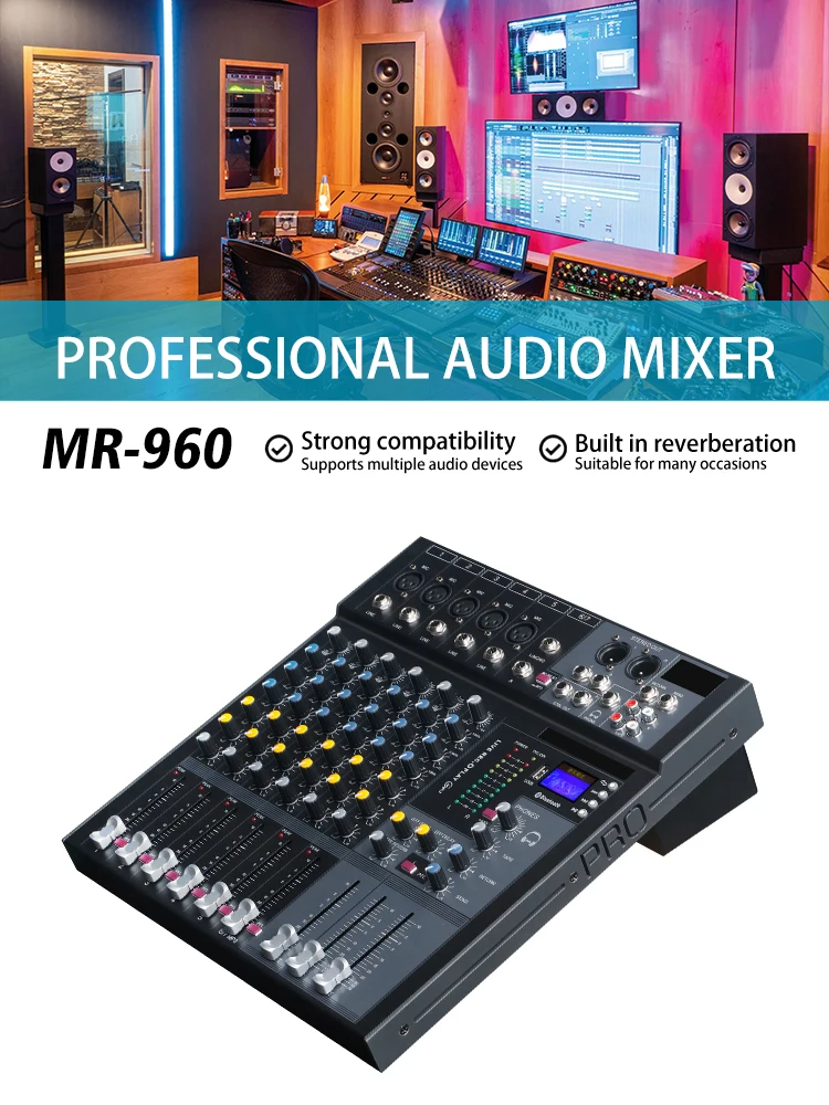 MR-960 MR 960 MP3 Professional Audio mixer Console DJ Player Independent Phantom Power 6 Channels USB Blue tooth