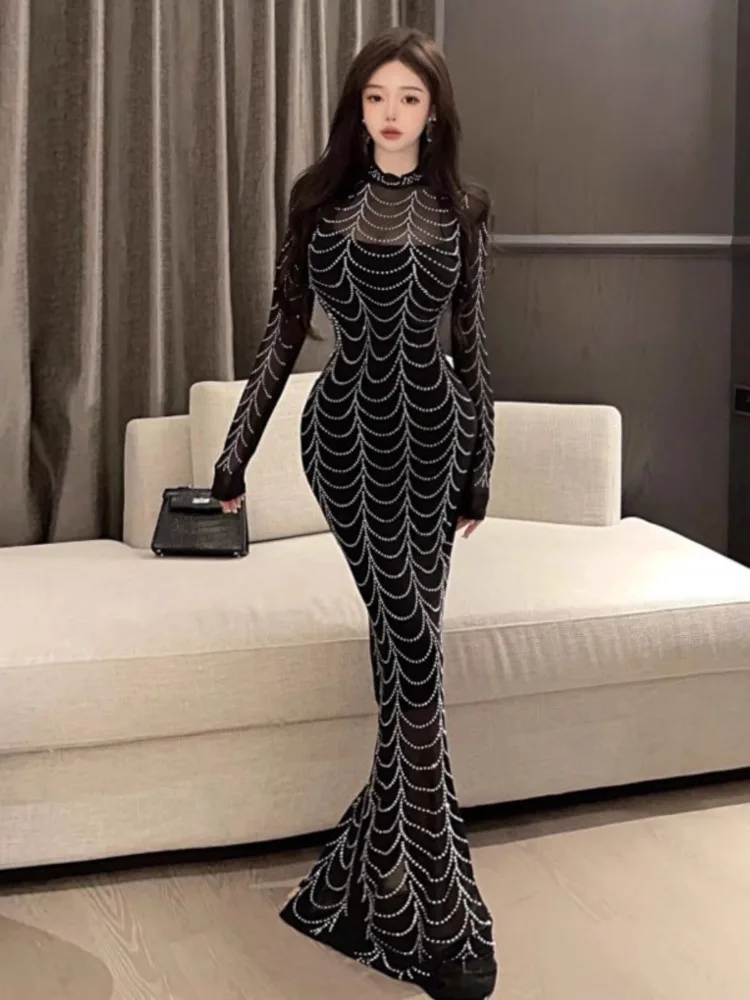 Topenomi Sexy Mesh Diamonds Night Evening Dresses Women Long Sleeve High Waist Slim Fit Floor Length Banquet Party Vestidos 2024