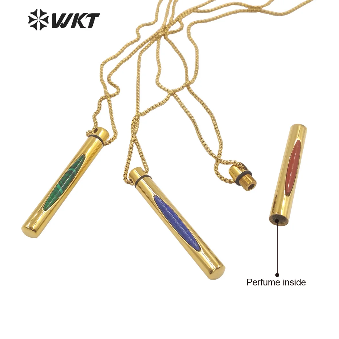 WT-N1371 Wholesale fashion gold stainless steel long stick perfume bottle necklace unique stone decorative girl perfume neckalce