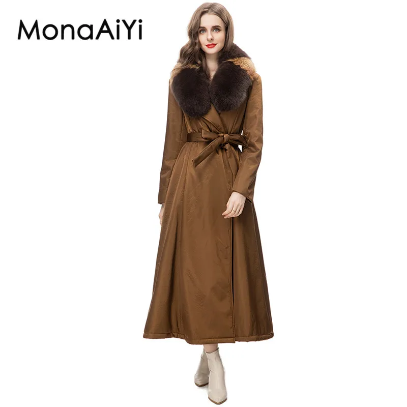 

MonaAiYi New Fashion Runway Designer Women's Lapel Long Sleeved Detachable Waistband Fluffy Scarf Brown Coat