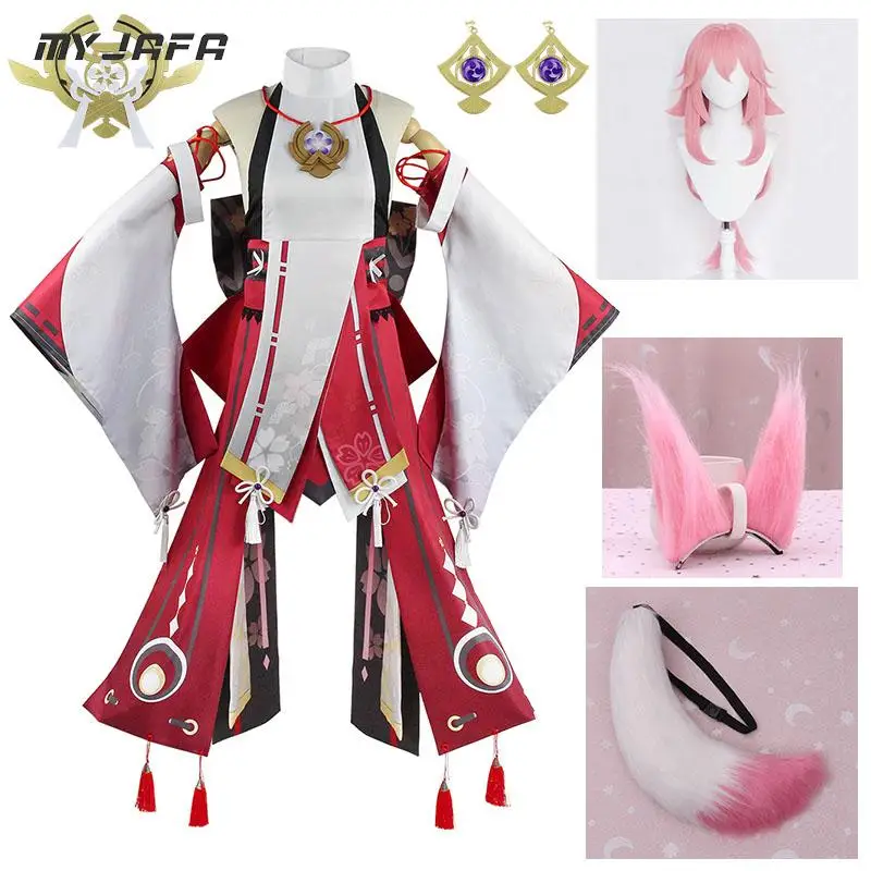 Genshin Impact Yae Miko Cosplay Costume Guuji Yae Fancy Outfits Dress Wig Headwear Earrings Ears Tail Game Suit