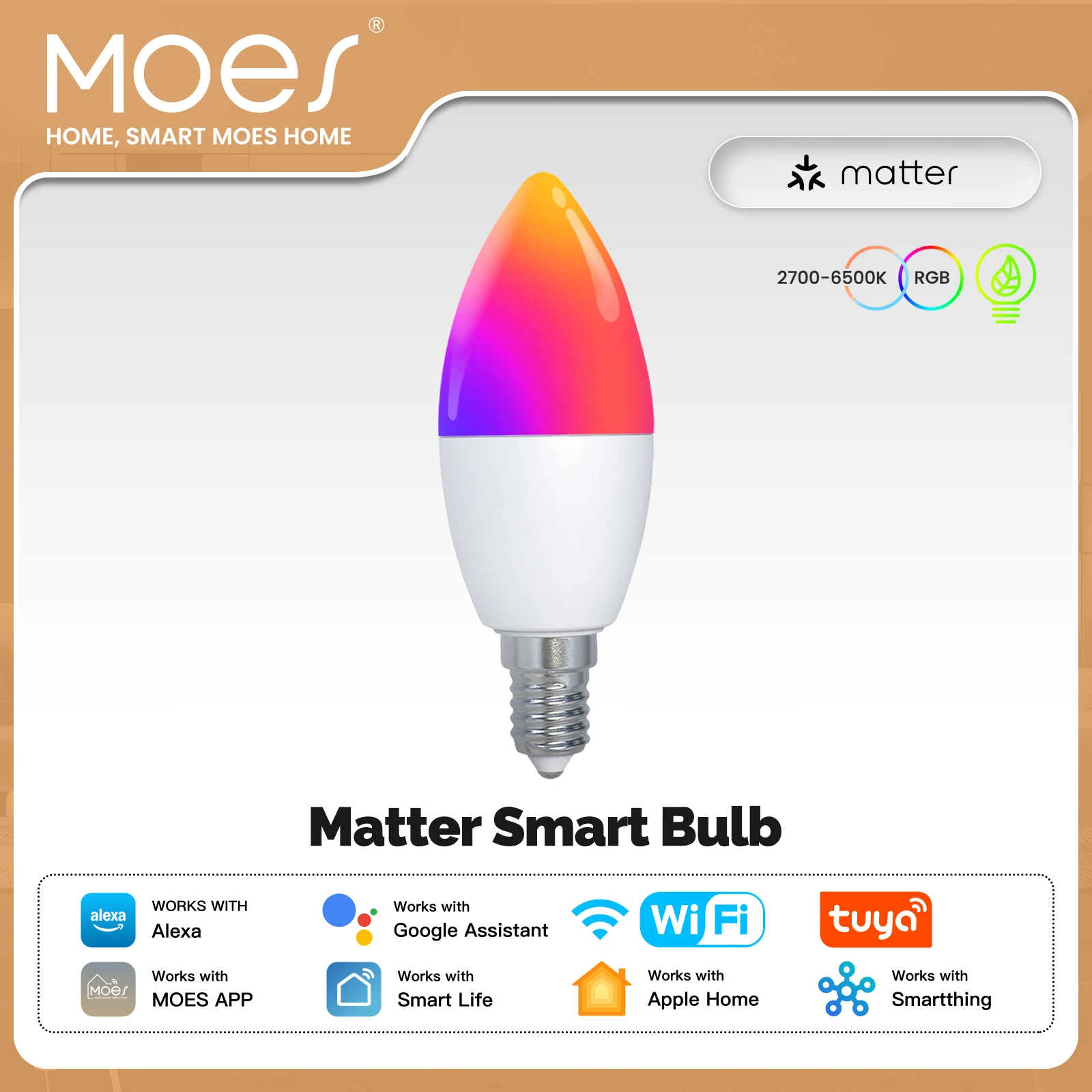 

MOES Tuya Matter WiFi Умная лампа с регулируемой яркостью LED 16M RGB цвета E14 Свеча Лампа Голосовое управление работает с Alexa Google Home