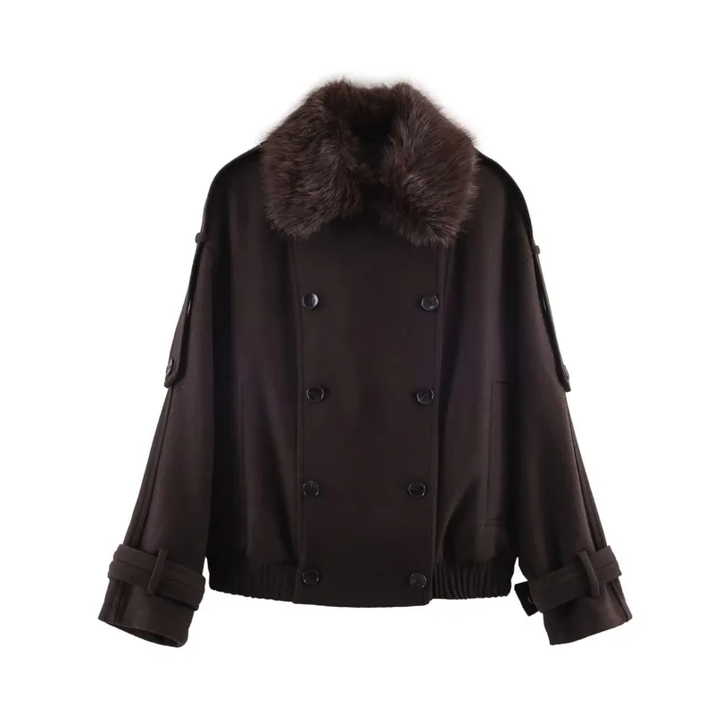 

Spring Women Wool Blend Jacket with Daux Fur Collar Casual Pocket Long Sleeve Women's Coat Fashion Jacket Female Chic Tops