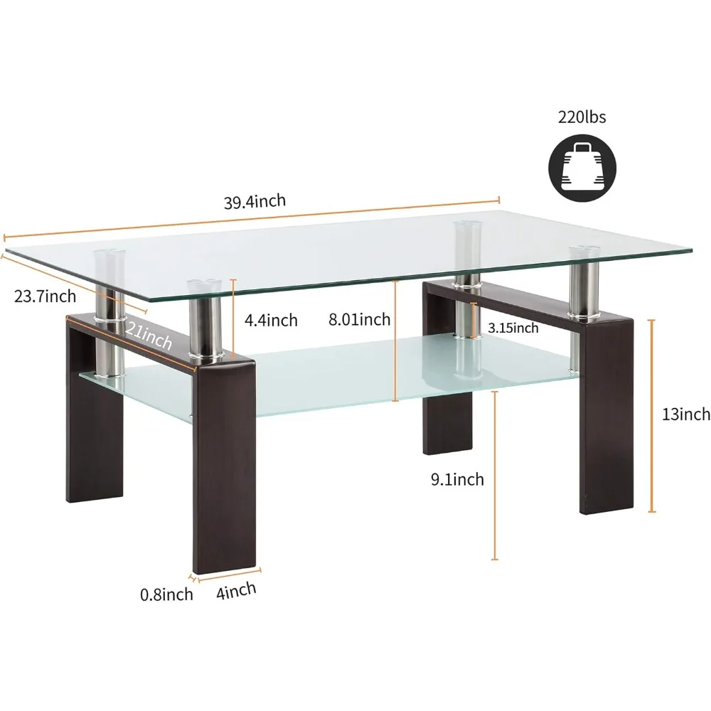 Rectangle Tempered Glass Coffee Table with Metal Legs for Living Room, Modern Walnut Finish Accent Table