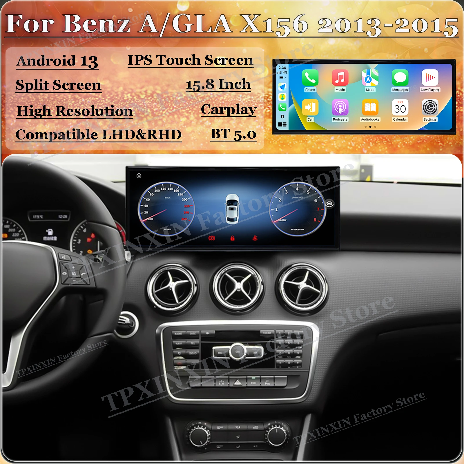 

Мультимедийная система Android 13 для Mercedes-Benz A/GLA X156 2013-2015 с GPS-навигацией, автомобильным радио, Bluetooth 5.0, Wi-Fi и стереоприемником.