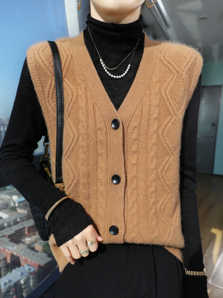 Autumn Winter Women\'s V-neck Waistcoat 100% Merino Wool Knitwear Cardigans Sweater Sleeveless Vest Loose Twist Flower Grace Tops