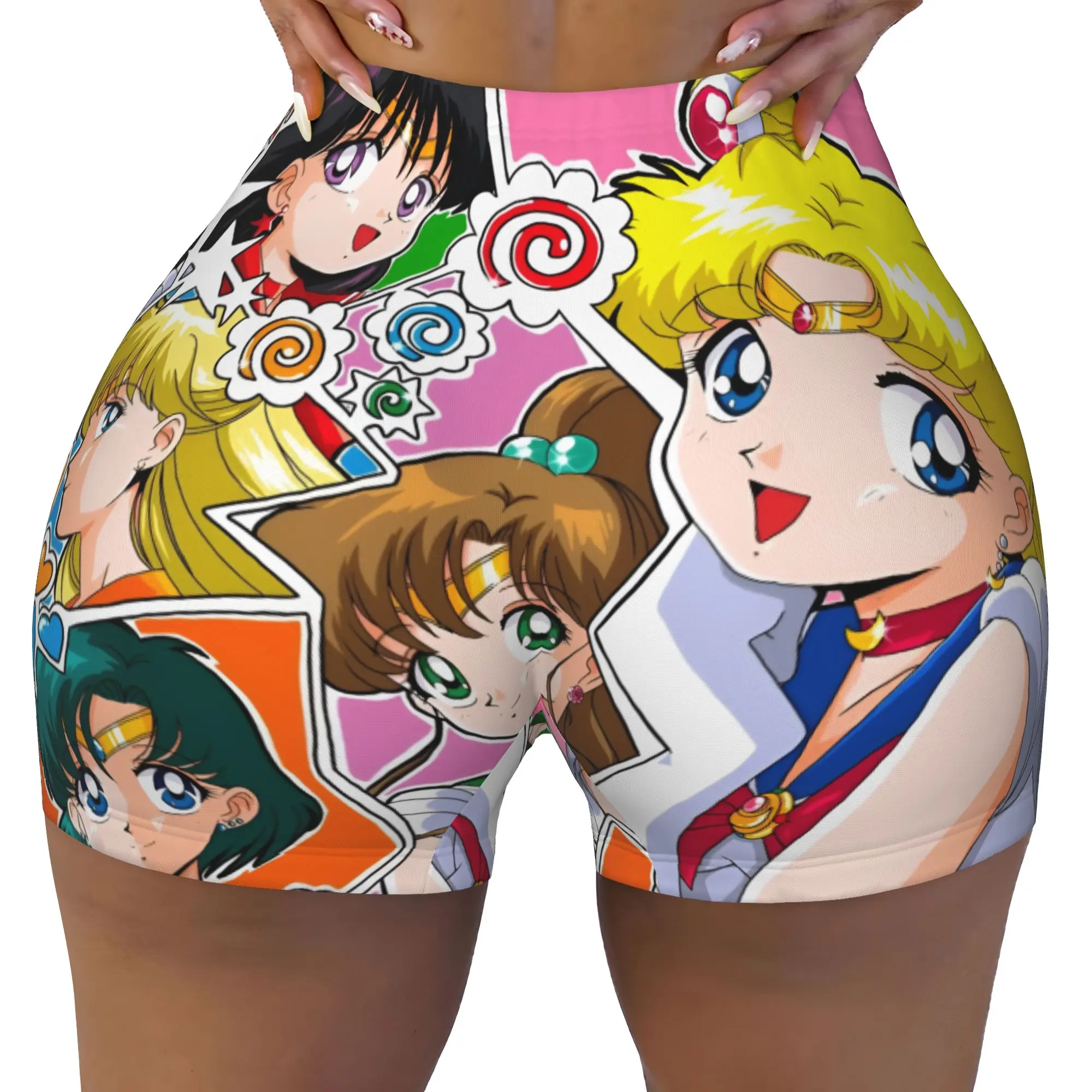 Custom Sailors Manga Moons Volleyball Biker Workout Shorts for Women Cartoon Athletic Gym Yoga Shorts