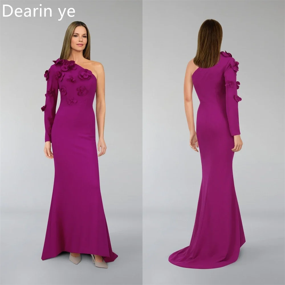 Vestido de noche personalizado Arabia Saudita Dearin Un hombro Una línea Faldas hasta el suelo Flor rosa 3D Vestidos para ocasiones a medida Forma