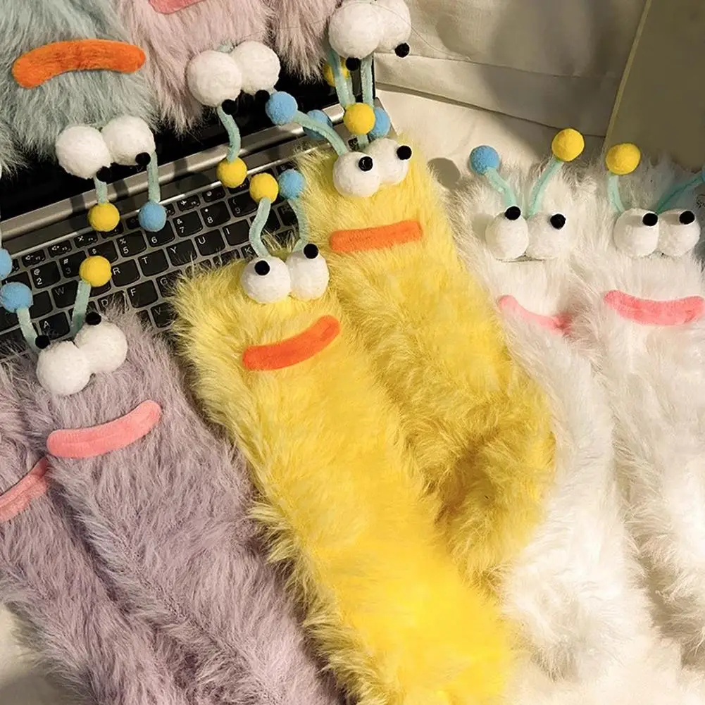 Funny 3D Xmas Cartoon Eyes Coral Velvet Thickened Warm Plush Socks Parent-child Floor Sleeping Socks Coldproof Fluffy Socks gift