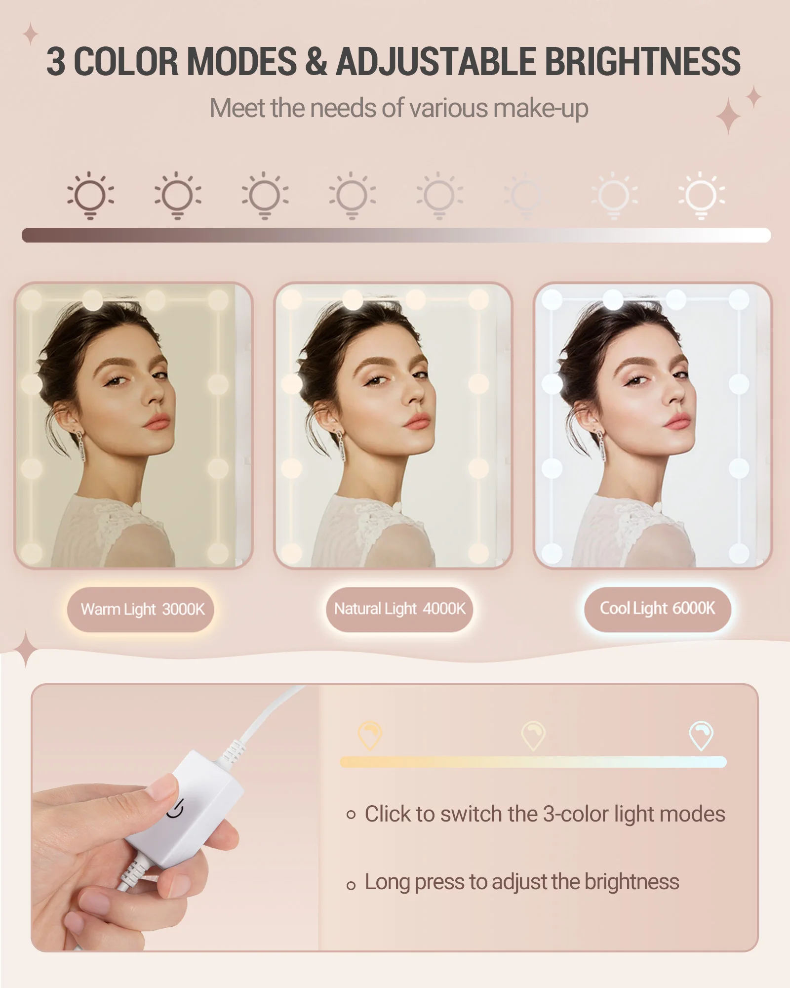 طاولة تزيين هزوانري مع إضاءة LED، سطوع قابل للتعديل، مع مرآة، خزانة ملابس مع درجين، 4 أرفف، مقصورتين